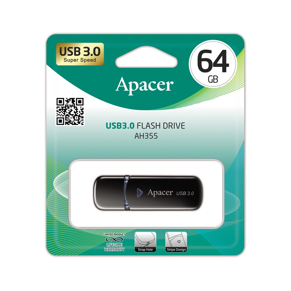 USB Флеш 64GB  3.1 Apacer, AH355, AP64GAH355B-1, Чёрный
