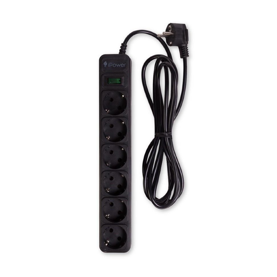 Сетевой фильтр, iPower, iPEO3m-USB, 6 розеток, 3 метра. Два USB-порта, 220-240В, 10A, , чёрный