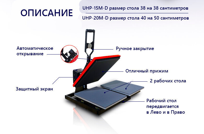 Термопресс плоский с ДВУМЯ рабочими UHP-20M-D автомат. открывание размер стола 40*50