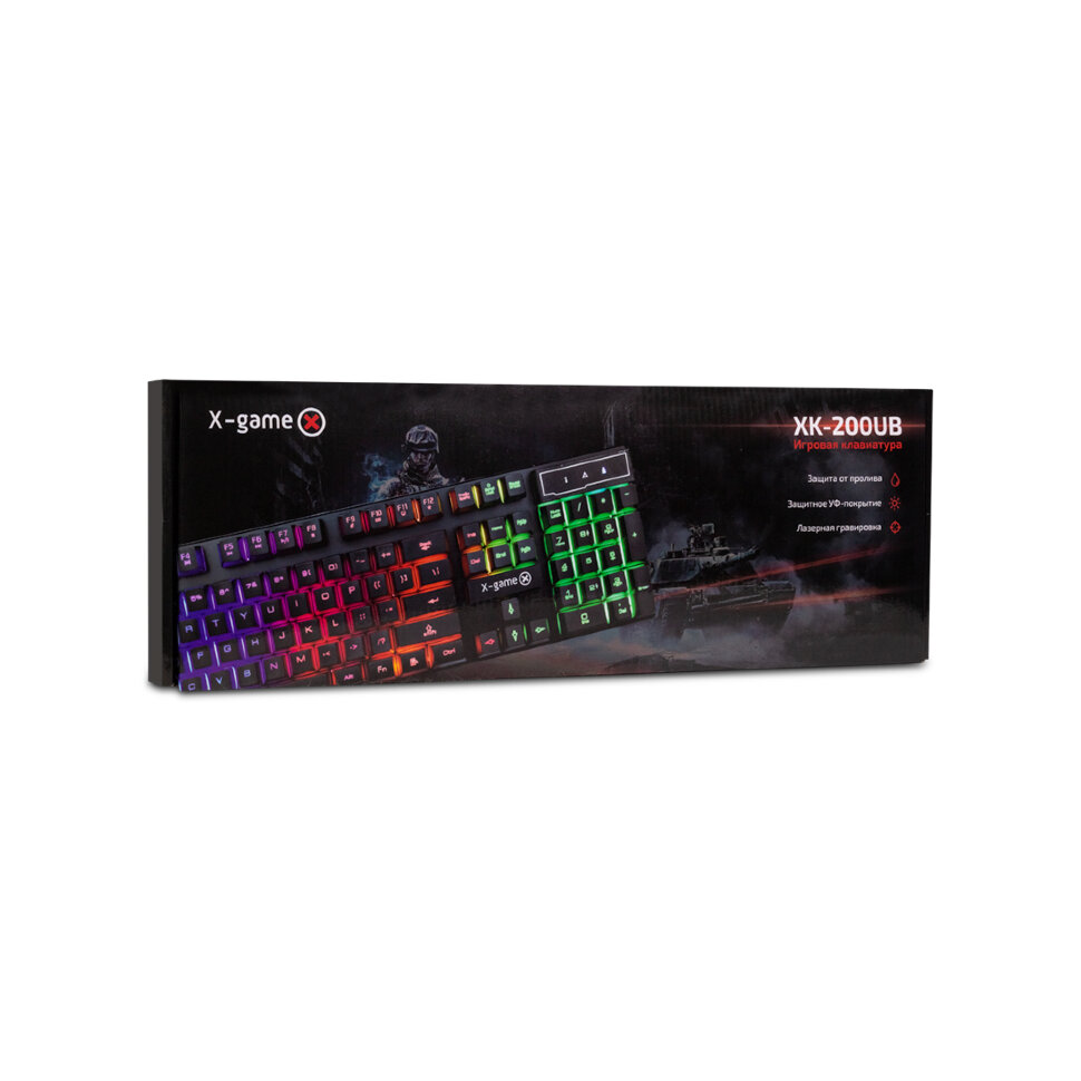 Клавиатура, X-Game, XK-200UB, USB, Кол-во стандартных клавиш 104, Размер: 439.2 x 141.5 x 25.5 мм., Длина кабеля 1,45 метра, Анг/Рус/Каз, Чёрная